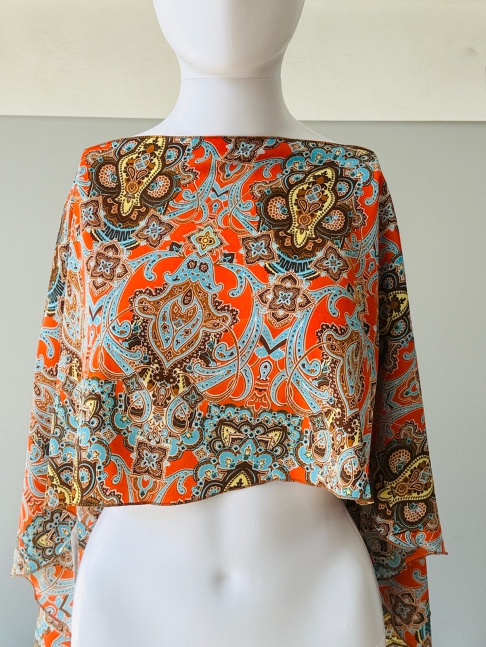 C3 Vibrant Orange & Turquoise Paisley Silk Multi-Style Poncho Top Blouse-1 Size - Picture 2 of 11